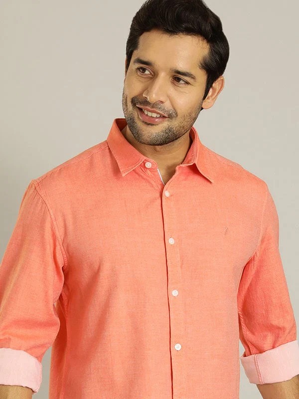 Indian Terrain Men's Slim Fit Full Sleeve Solid Orange Shirt